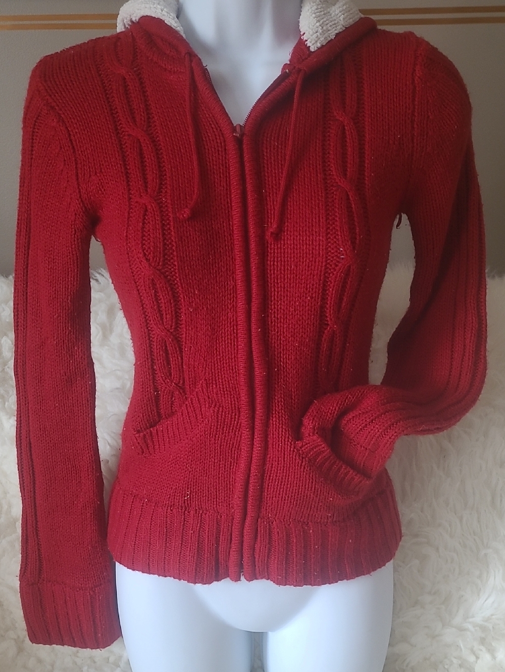 Red Cable-Knit Zip Hoodie Sweater - Women's